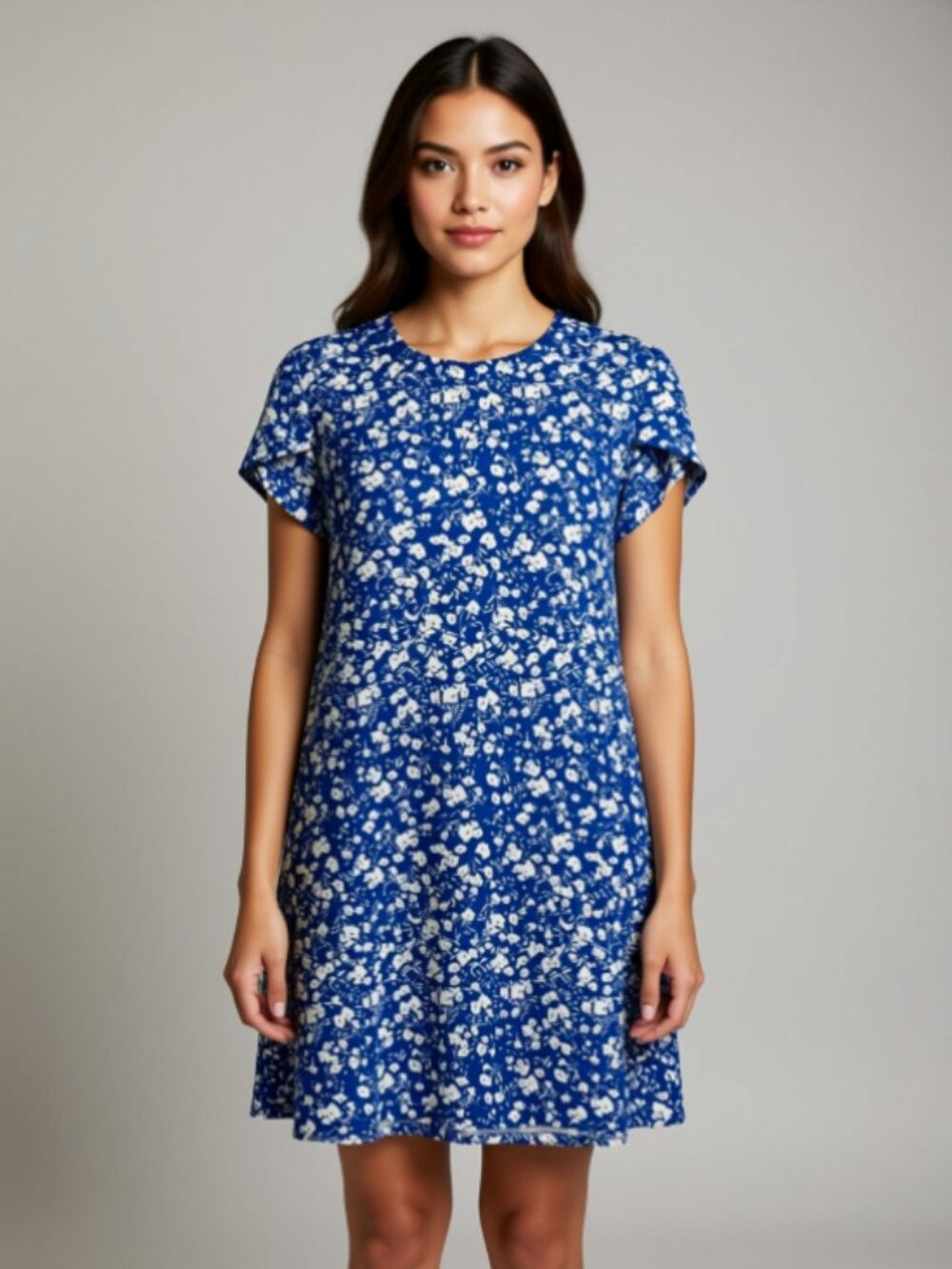 Royal Blue Floral Midi Dress with Short Sleeves